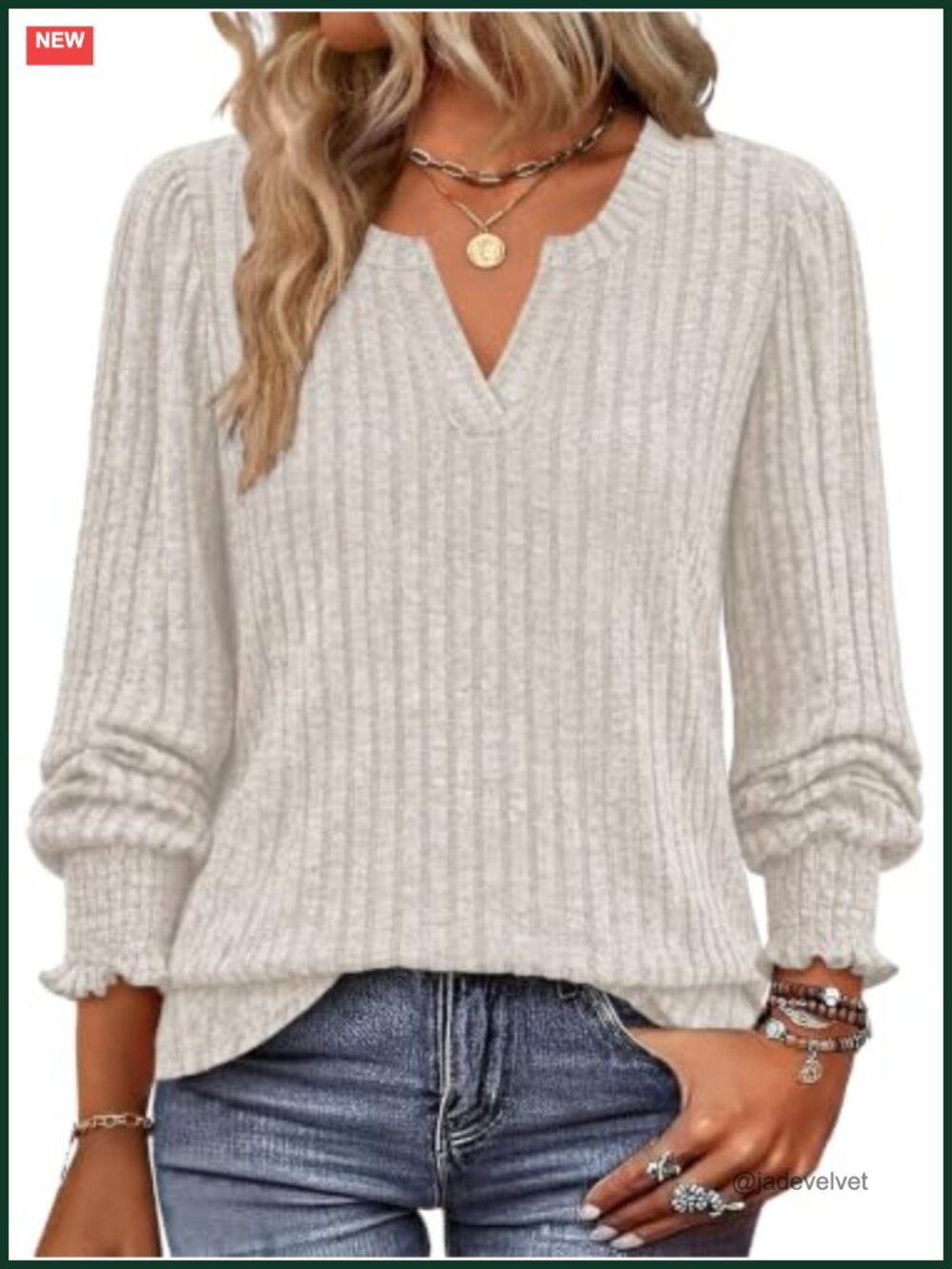 Womens Ribbed Knit V-Neck Long Sleeve Sweater Pullover Fall Top